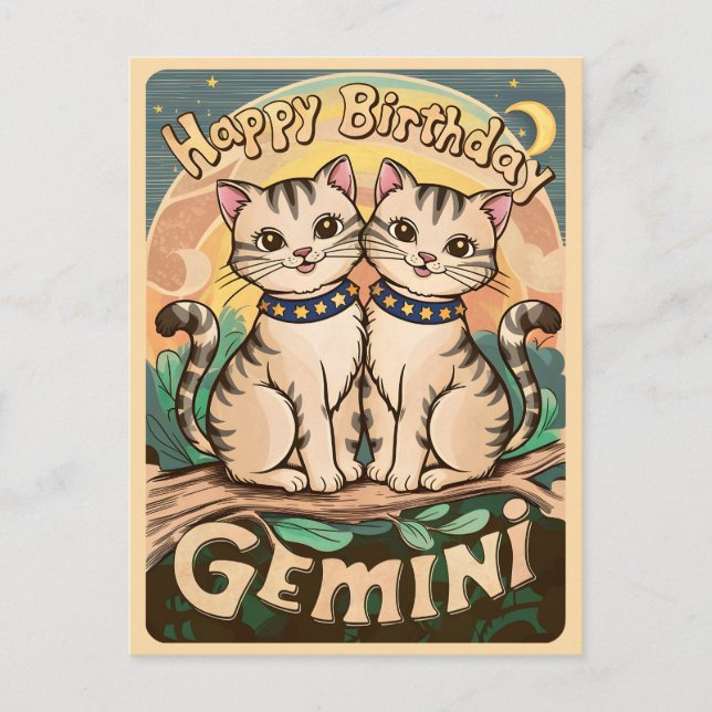 Carte Postale Joyeux Anniversaire Chats du Signe Zodiaque Gémeau (Devant)