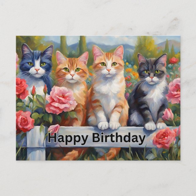 Carte Postale Joyeux Anniversaire Chats Mignons à la Clôture du  (Devant)