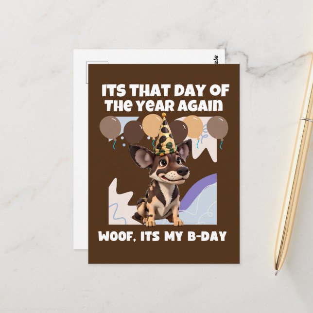Carte Postale Joyeux anniversaire chien africain brun mignon (Devant/Arrière en situation)