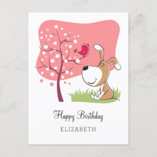 Carte Postale Joyeux Anniversaire Chien Chiot Puppy Oiseau Fleur