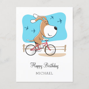 Carte Postale Joyeux Anniversaire Chien Chiot Puppy Vélo équitat