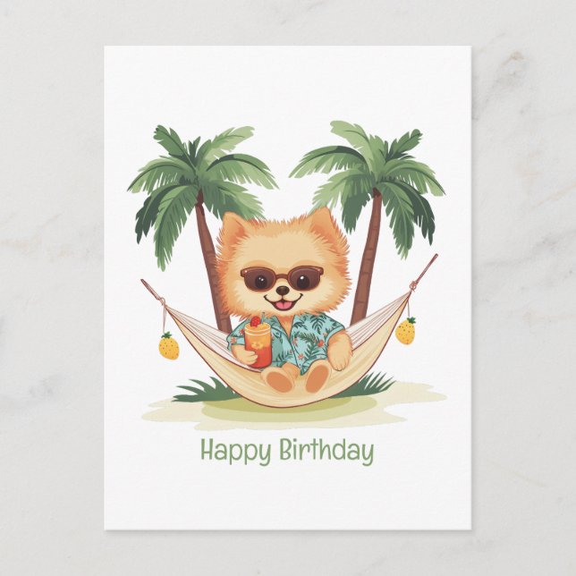 Carte Postale Joyeux Anniversaire Chien Poméranien Dans Un Hamac (Devant)