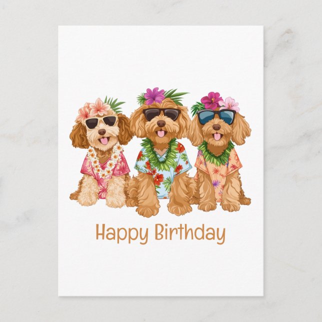 Carte Postale Joyeux Anniversaire Chiens Goldendoodle Hawaïens (Devant)