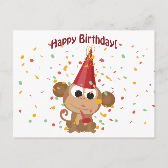 Carte Postale Joyeux anniversaire Confetti Monkey (Devant)