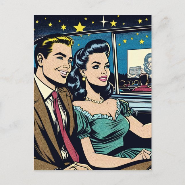 Carte Postale Joyeux anniversaire | Couple rétro au film Drive-I (Devant)