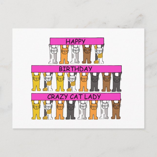 Carte Postale Joyeux Anniversaire Crazy Cat Lady, Cartoon Cats. (Devant)