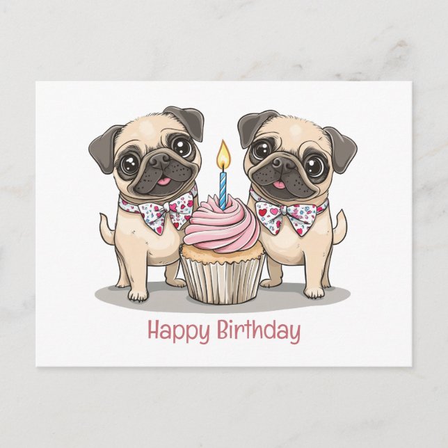 Carte Postale Joyeux Anniversaire Cupcake pour Chiens Carlin (Devant)