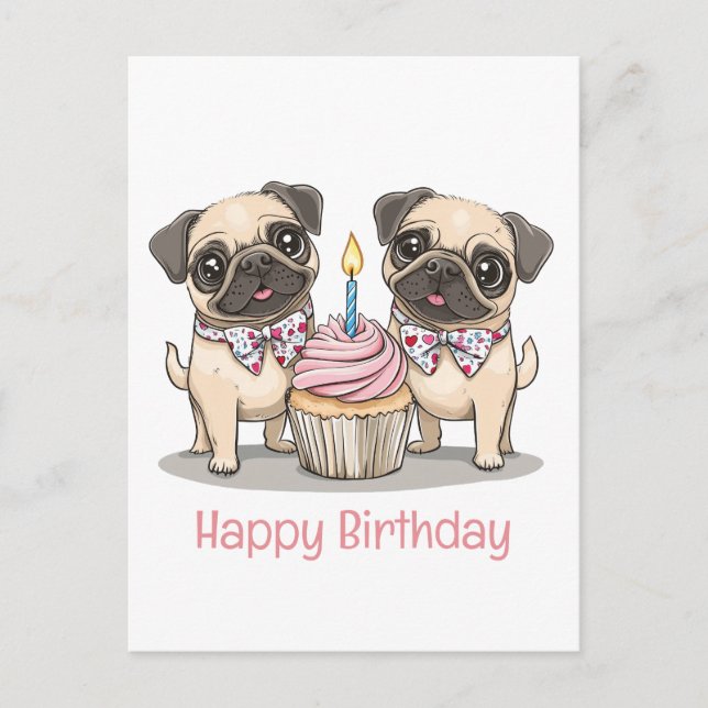 Carte Postale Joyeux Anniversaire Cupcake pour Chiens Carlins (Devant)