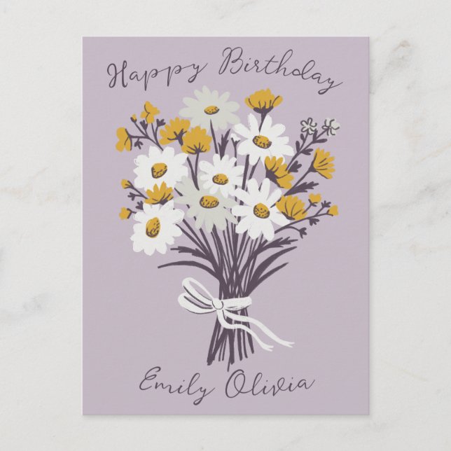 Carte Postale Joyeux Anniversaire Daisy Bouquet Retro NOM PERSON (Devant)