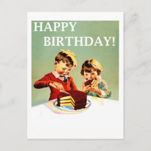 Carte Postale Joyeux anniversaire, deux enfants mangent du gâtea