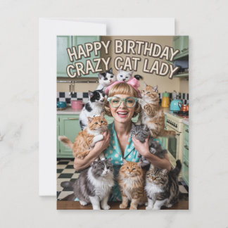 Carte Postale Joyeux Anniversaire drôle rétro Dame aux chats fol