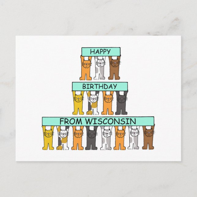 Carte Postale Joyeux anniversaire du Wisconsin Cartoon Cats (Devant)