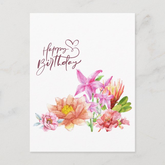 Carte Postale Joyeux Anniversaire Élégante Fleur Aquarelle (Devant)