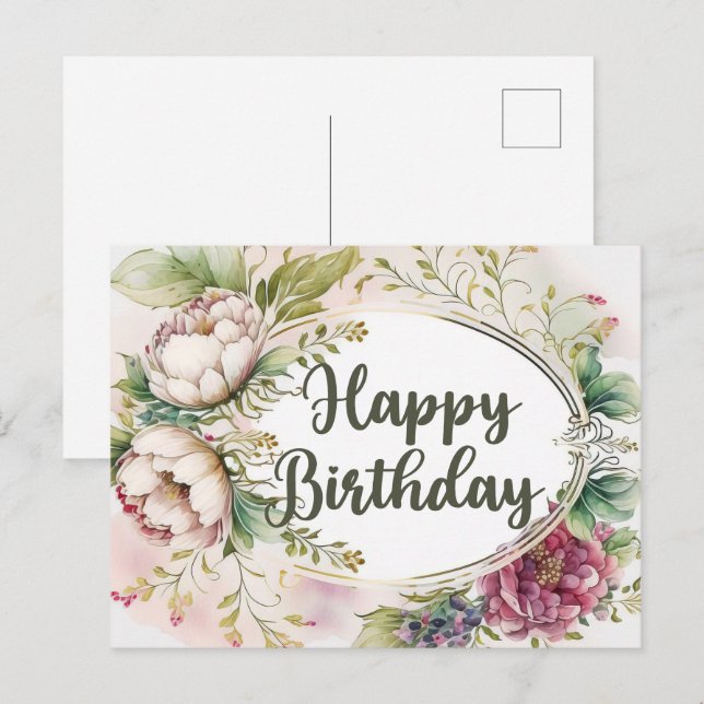 Carte Postale Joyeux Anniversaire Élégantes Fleurs de Jardin Vin (Devant / Derrière)