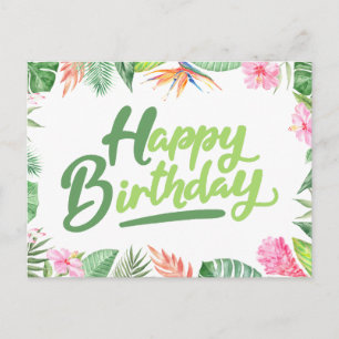 Carte Postale Joyeux Anniversaire Feuilles Tropicales & Fleurs d