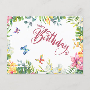 Carte Postale Joyeux Anniversaire Feuilles Tropicales, Fleurs, P