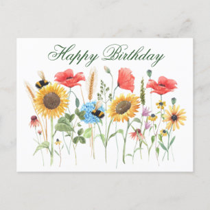 Carte Postale Joyeux Anniversaire Fleurs Aquarelle 