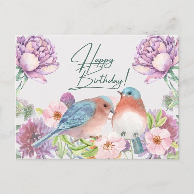 Carte Postale Joyeux Anniversaire Fleurs Aquarelle, Oiseaux  (Devant)