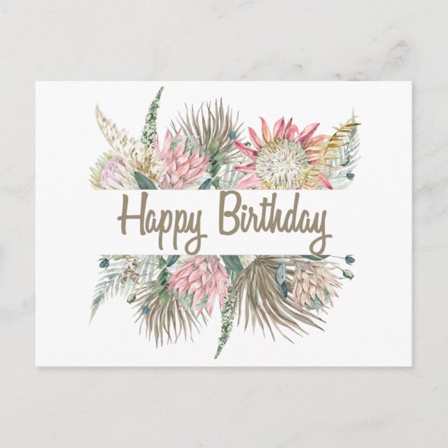 Carte Postale Joyeux Anniversaire  Fleurs aquarelles exotiques,  (Devant)