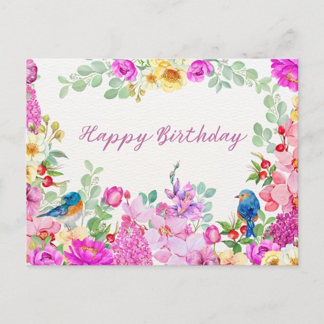 Carte Postale Joyeux Anniversaire Fleurs Aquarelles Vibrantes  (Devant)