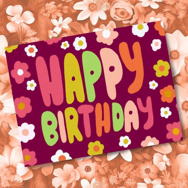 Carte Postale JOYEUX ANNIVERSAIRE Fleurs Daisies Lettres Bulles  (Colorful cute daisy happy birthday postcard! Customize with your own text on the back side.)