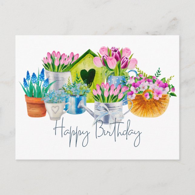 Carte Postale Joyeux Anniversaire Fleurs de Jardin Aquarelle - T (Devant)