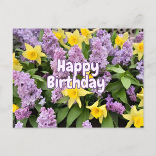 Carte Postale Joyeux anniversaire fleurs de lilas et jonquilles