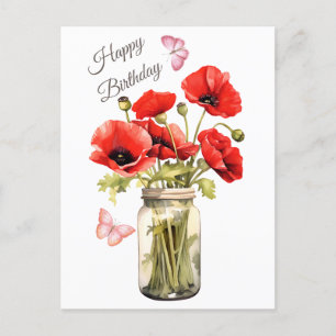 Carte Postale Joyeux anniversaire Fleurs de pavot rouge