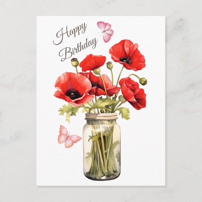 Carte Postale Joyeux anniversaire Fleurs de pavot rouge (Devant)