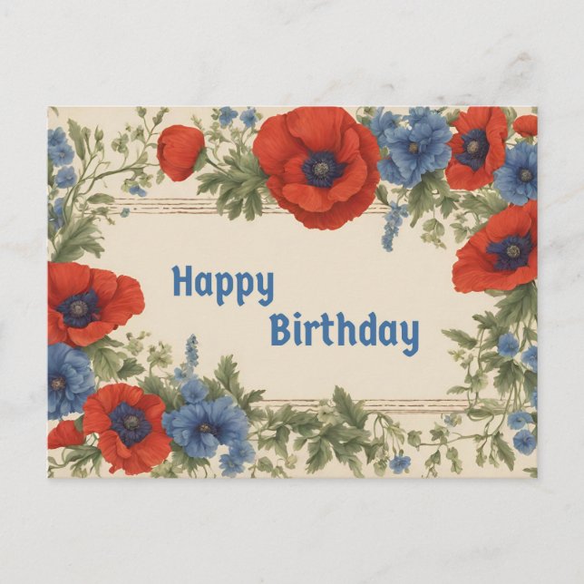 Carte Postale Joyeux anniversaire Fleurs de pavot rouge et bleu (Devant)