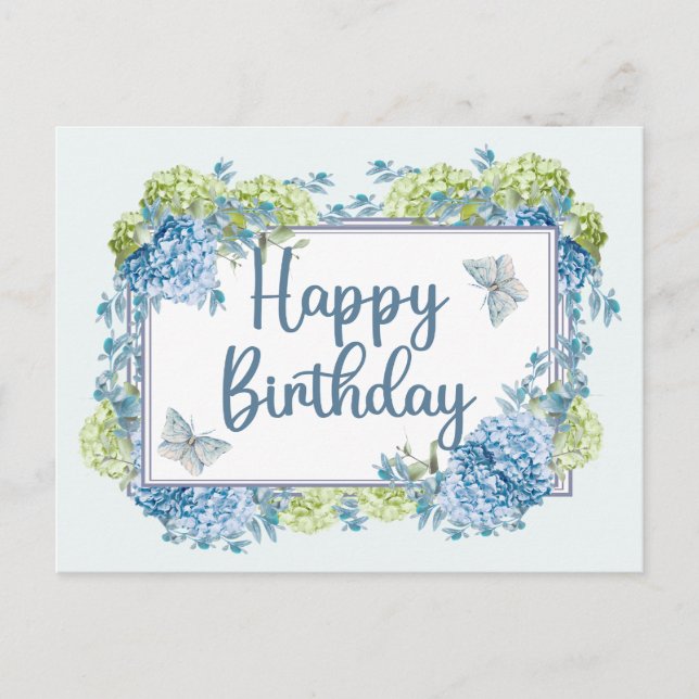 Carte Postale Joyeux Anniversaire Fleurs D'Hortensia Bleu Aquare (Devant)