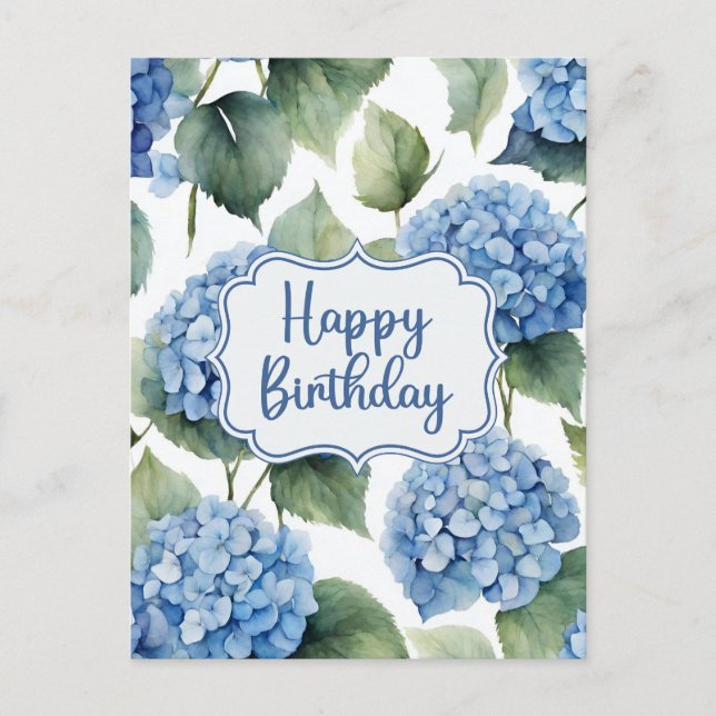 Carte Postale Joyeux Anniversaire Fleurs d'Hortensia Bleu Aquare (Devant)