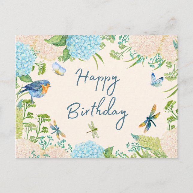 Carte Postale Joyeux Anniversaire Fleurs D'Hydrangea Aquarelle (Devant)
