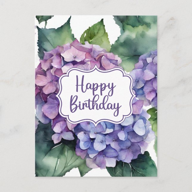 Carte Postale Joyeux Anniversaire Fleurs d'Hydrangea Violet  (Devant)