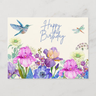 Carte Postale Joyeux Anniversaire Fleurs d'Iris Aquarelle Nature