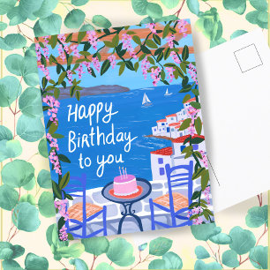 Carte Postale Joyeux anniversaire Fleurs Terrasse Île grecque