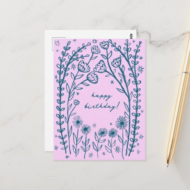 Carte Postale Joyeux Anniversaire Floral Fantaisiste Croquis Doo (Devant/Arrière en situation)