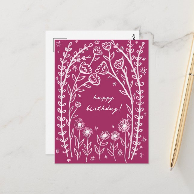 Carte Postale Joyeux Anniversaire Floral Whimsical Sketch Doodle (Devant/Arrière en situation)