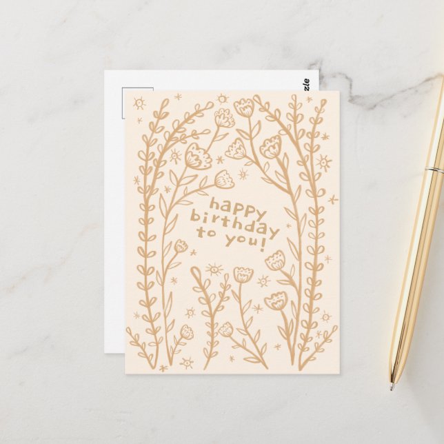 Carte Postale JOYEUX ANNIVERSAIRE Floral Whimsical Sketch Doodle (Devant/Arrière en situation)