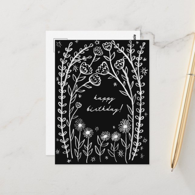 Carte Postale Joyeux Anniversaire Floral Whimsical Sketch Doodle (Devant/Arrière en situation)