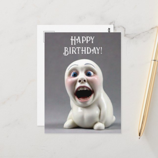 Carte Postale Joyeux anniversaire Funny Figurine (Devant/Arrière en situation)