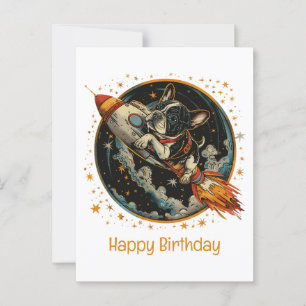 Carte Postale Joyeux Anniversaire Fusée Bouledogue Français