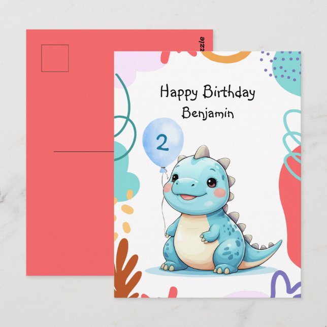 Carte Postale Joyeux anniversaire garçon sauvage Dinosaure migno (Devant / Derrière)