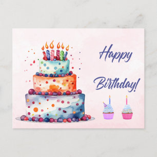Carte Postale Joyeux Anniversaire Gâteau à l'aquarelle avec boug