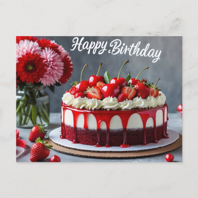 Carte Postale Joyeux Anniversaire Gâteau Cerise Fraise (Devant)