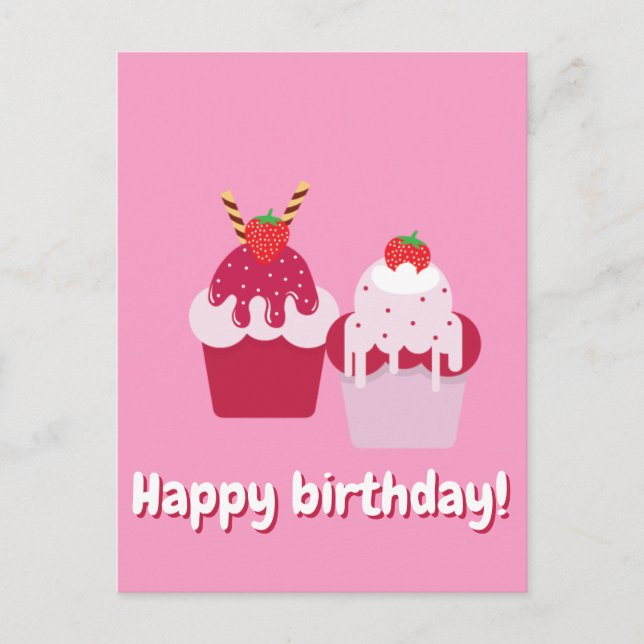 Carte Postale Joyeux Anniversaire - Gâteaux Fraises Roses Mignon (Devant)
