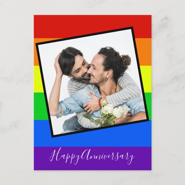 Carte Postale Joyeux Anniversaire Gay Couple Photo Custom Rainbo (Devant)