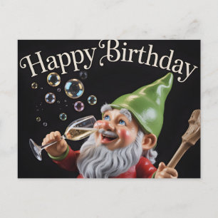 Carte Postale "Joyeux Anniversaire" Gnome avec Champagne et Bull