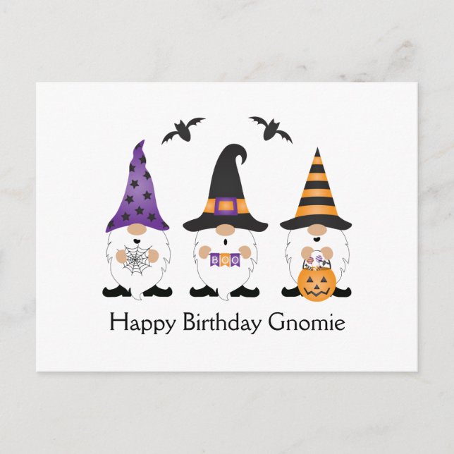Carte Postale Joyeux Anniversaire Gnomie Halloween Violet Orange (Devant)