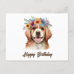 Carte Postale Joyeux anniversaire Golden Retriever Chien et Fleu